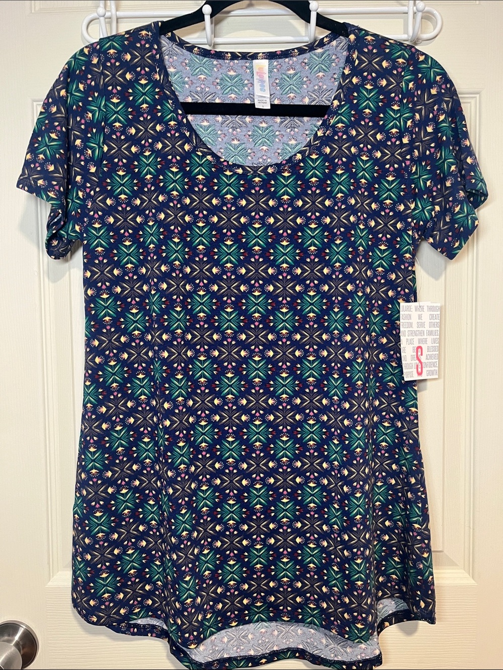 LuLaRoe Navy Short-Sleeve Classic Tee with Green Geometric Pattern